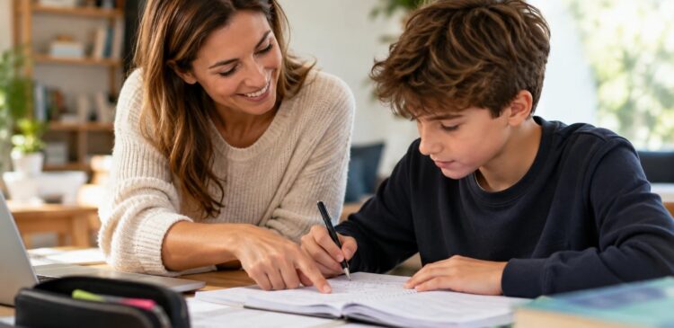 Une professeure particulière aide un collégien à faire ses exercices à la maison